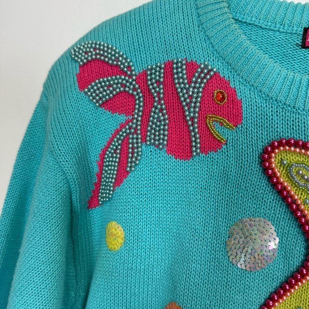 Vintage IB Diffusion Sport Sweater Womens Medium Blue Orange Sea Life Beaded 90s - Picture 3 of 11